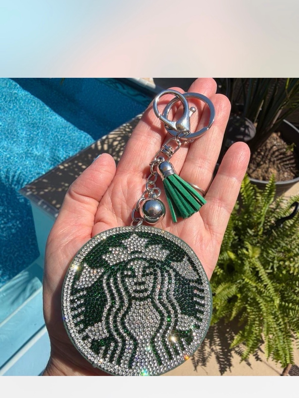 Starbucks Green and Silver Rhinestone Logo Keyring with Green Tassel